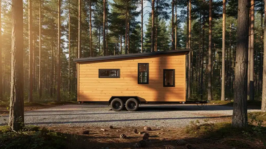 Tiny Home Tow - Small Homes USA Newsletter The image depicts the exterior of a small cedar-clad tiny home on wheels, parked on a gravel pad and surrounded by tall pine trees. The late afternoon sunlight casts long shadows, highlighting the cozy design of this tiny house, which embodies the essence of the tiny house movement with its efficient use of space.