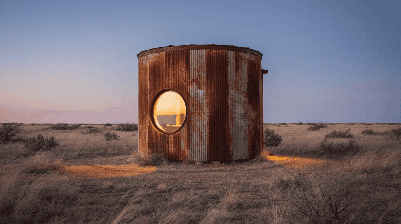 Rustic Tiny Home in Open Land - Small Homes USA Newsletter A converted grain silo micro home features a rusted steel exterior and a round window glowing with warm light, set against a backdrop of dry grassland and a twilight sky. This unique tiny house embodies the tiny house movement, showcasing innovative home design in a small space.