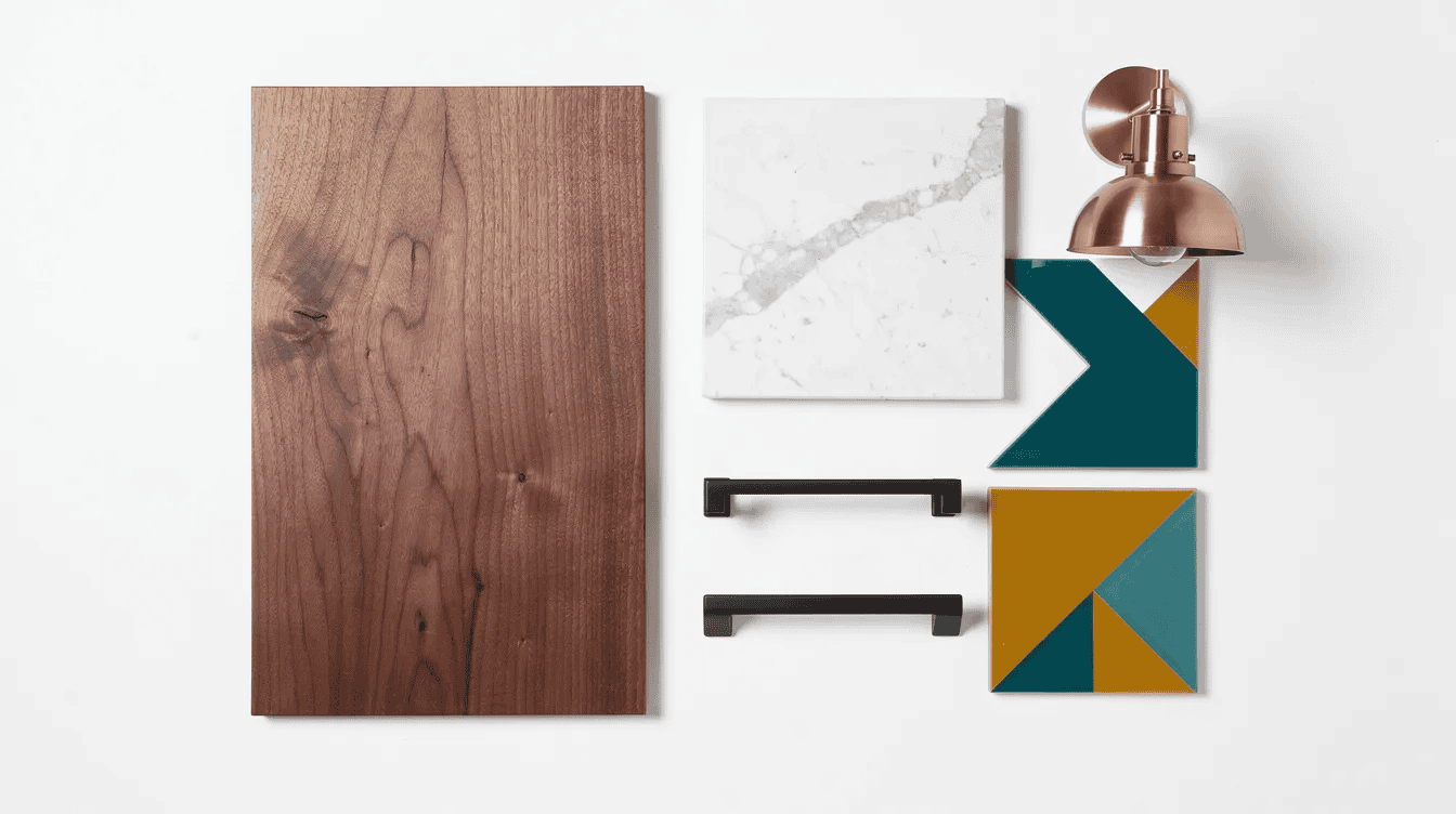 ad9e2c96-77d6-4c0c-babc-8d2655119f0d - Small Homes USA Newsletter This top-down flat lay mood board showcases rich walnut veneer samples, a piece of white quartz, bold teal and mustard geometric accent tiles, and black bar pull hardware, all arranged asymmetrically against a white background. The bright soft lighting highlights the wood grain and design elements, creating an inspiring visual roadmap for a kitchen renovation project.