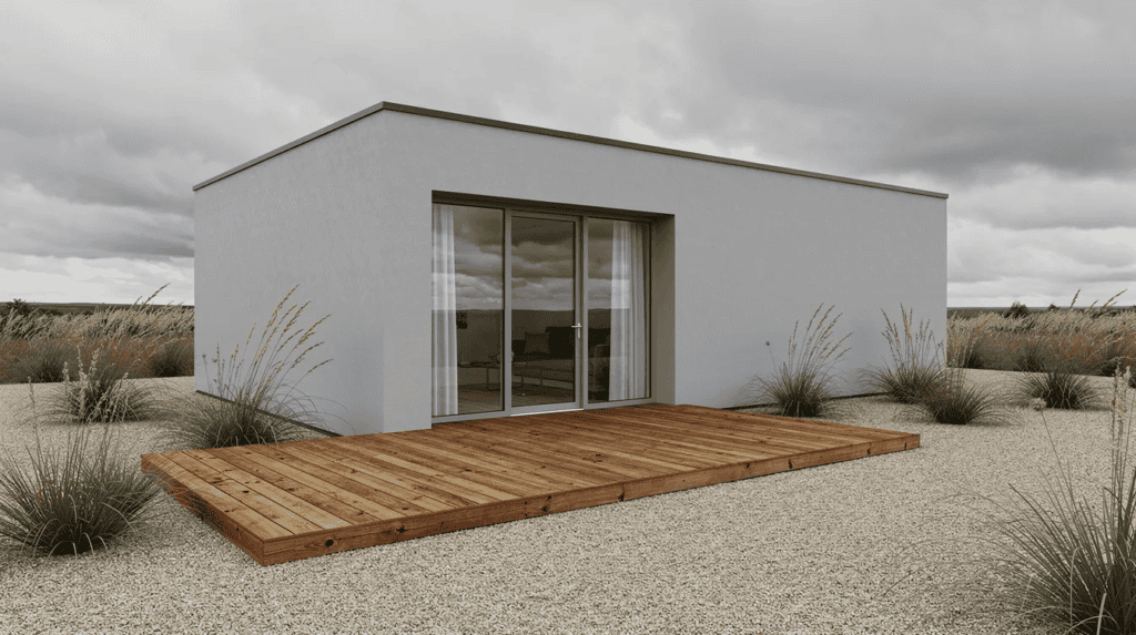 Modern Small Home with Wooden Deck - Small Homes USA Newsletter A sleek modern tiny house with a flat roof features large glass doors that open onto a wooden deck, surrounded by native grasses and a gravel yard under an overcast sky. This compact living space exemplifies innovative storage solutions and minimalist living, making it an ideal example of budget-friendly starter home designs.