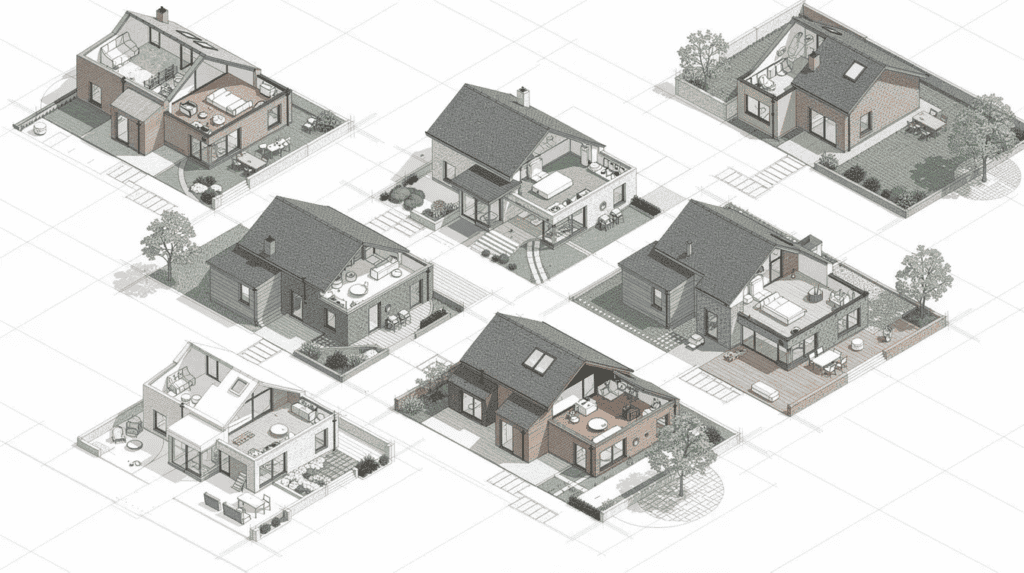 Small Homes USA Modern House Designs - Small Homes USA Newsletter This image features a detailed architectural drawing of small house plans viewed from a top-down isometric perspective. The layout includes various rooms such as bedrooms and a kitchen, showcasing intricate textures and design elements suitable for tiny house enthusiasts.