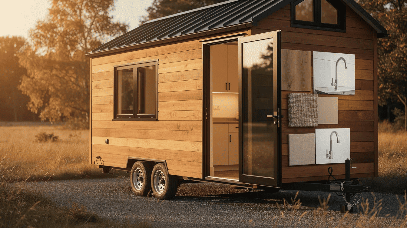 b093fc98-be4b-4341-a927-de5a3c15692e - Small Homes USA Newsletter A golden hour photograph captures a tiny house on wheels with warm wood siding, showcasing its inviting exterior and a glimpse of the interior through an open door. Inside, a mood board is laid out on the kitchen counter, featuring fabric swatches, a cabinet color chip, and a faucet image, all bathed in soft, warm natural light, creating a cozy atmosphere perfect for interior design inspiration.