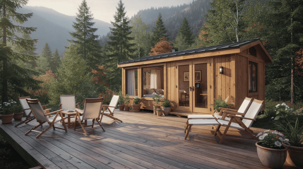 Small wooden cabin with deck in forest - Small Homes USA Newsletter Cozy small cabin with wrap-around deck surrounded by trees.