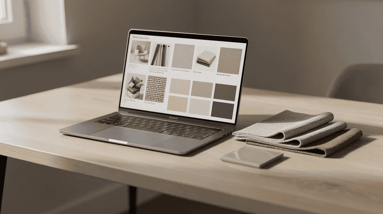 c4b655e8-bf25-4156-8f72-2eb1b74c1961 - Small Homes USA Newsletter A laptop is open on a wooden desk, showcasing a digital mood board filled with product images and paint swatches arranged in a grid, accompanied by real fabric samples and a small tile piece. The scene is illuminated by soft daylight from a nearby window, creating a warm and inviting atmosphere ideal for exploring interior design ideas.