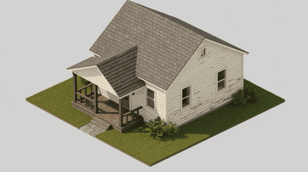 Small Modern Cottage for Tiny Living - Small Homes USA Newsletter This image features a standalone small cottage viewed from a top-down isometric perspective, showcasing its charming design and functional layout. The cottage includes a front porch, spacious family room, and an inviting outdoor space, making it ideal for entertaining guests or relaxing with family.