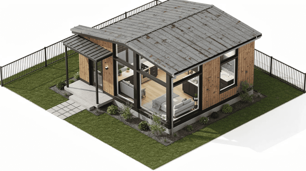 Modern Small Home with Wooden Exterior - Small Homes USA Newsletter This architectural drawing showcases a detailed design of an Accessory Dwelling Unit (ADU) or Backyard Cottage, featuring a spacious family room, one bedroom, and inviting outdoor space with front and back porches. The top-down isometric view highlights the efficient use of square footage, maximizing natural light and functional living space.