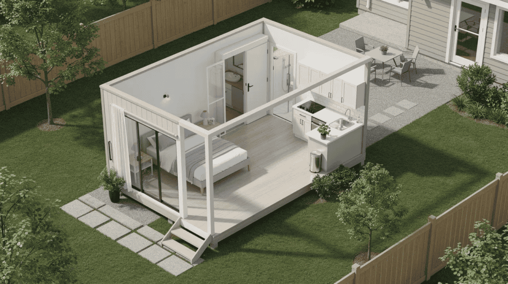Small Modern Home Interior - Small Homes USA Newsletter The image features a top-down isometric view of a Backyard ADU & Guest Suite tiny house plan, showcasing a clever layout with double French doors leading to a spacious deck, sweeping bay windows, and a proportional corner porch. This tiny project is designed for modern living, ideal for young couples or empty nesters seeking a functional and affordable living space.