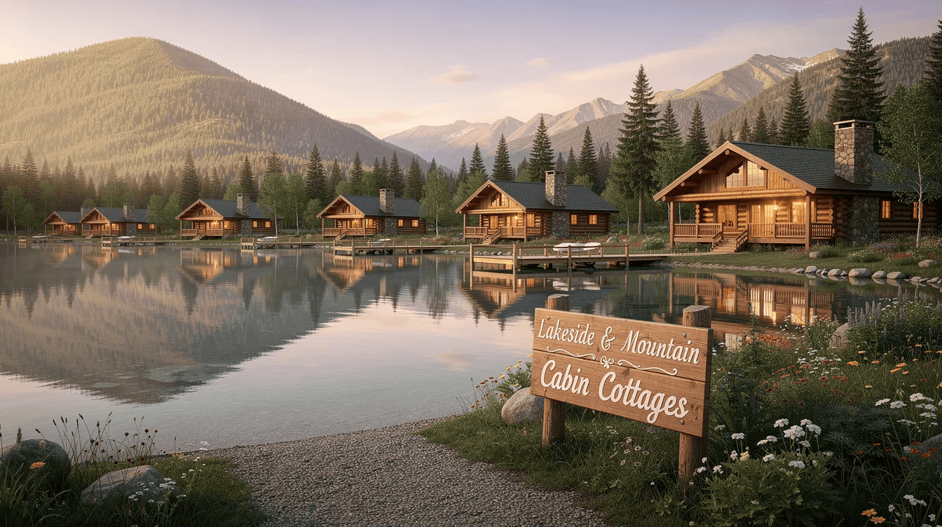 Lakeside Mountain Cabin Cottages - Small Homes USA Newsletter The image showcases charming lakeside and mountain cabin cottages, perfect for those considering buying a cottage home. Each cottage features a welcoming porch and is surrounded by natural beauty, with listings available for sale at various prices.