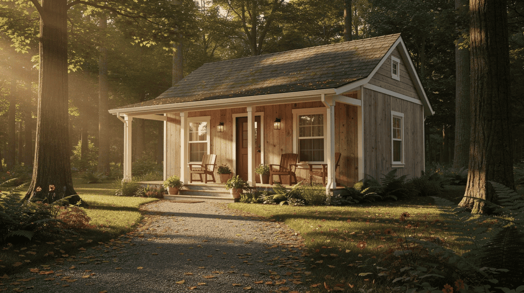 Charming Small Home in Nature - Small Homes USA Newsletter A charming tiny house sits on a wooded half-acre lot, featuring a covered front porch. Warm afternoon light casts long shadows across a gravel path leading to the front steps, creating an inviting atmosphere for outdoor living spaces.