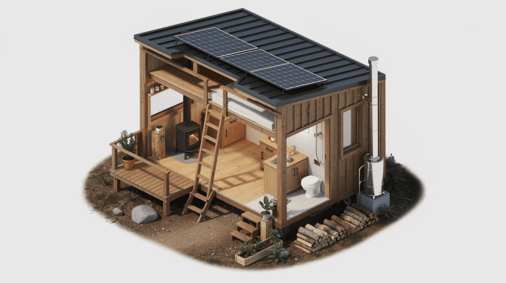 Small Solar-Powered Tiny House - Small Homes USA Newsletter This top-down isometric 3D view showcases an off-grid, cabin-style tiny house plan featuring a hipped roof, double French doors, and sweeping bay windows. The layout includes a spacious deck, a cozy living space, and clever use of storage, ideal for young couples or empty nesters looking to embrace the tiny house movement.