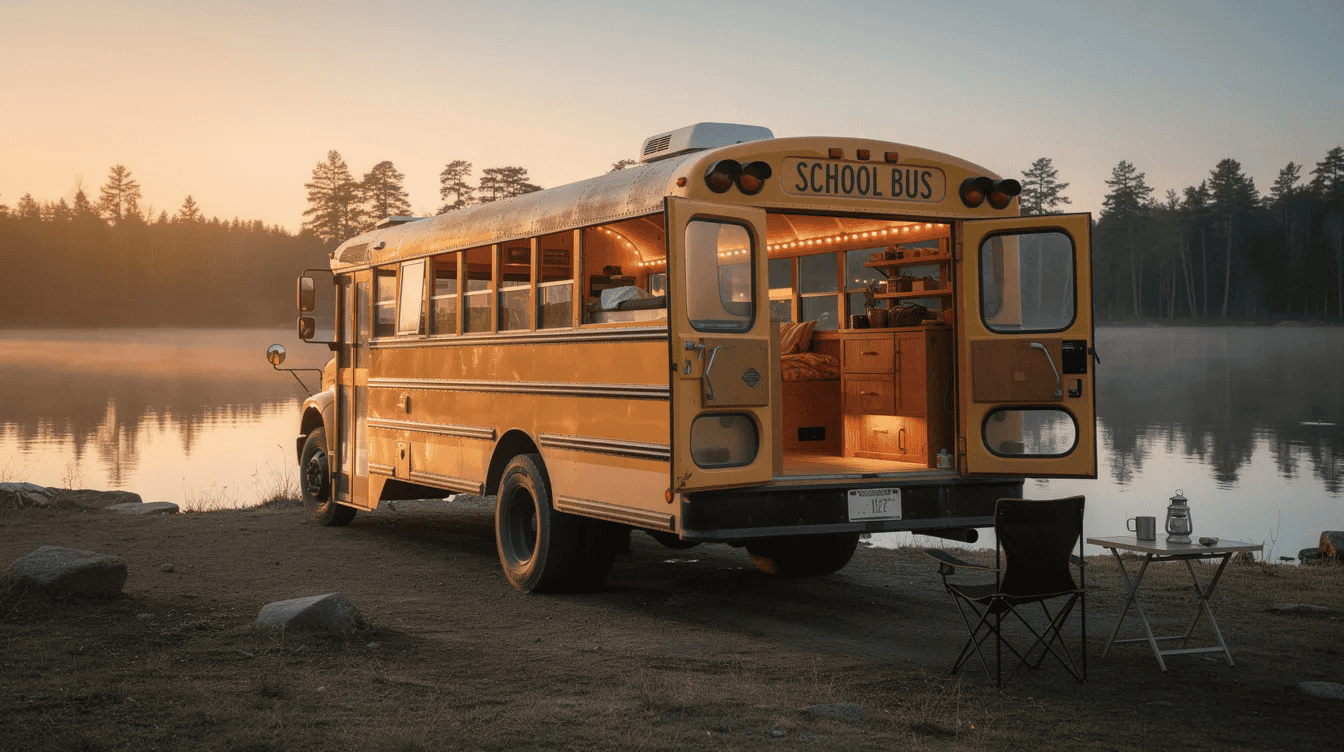 Vintage School Bus by Lake at Sunset - Small Homes USA Newsletter A cozy converted yellow school bus, featuring a warm wood-paneled interior, is parked by a calm lake at golden hour. The open rear door reveals string lights glowing inside, while a folding chair and small table are set up outside, creating an inviting outdoor living space.