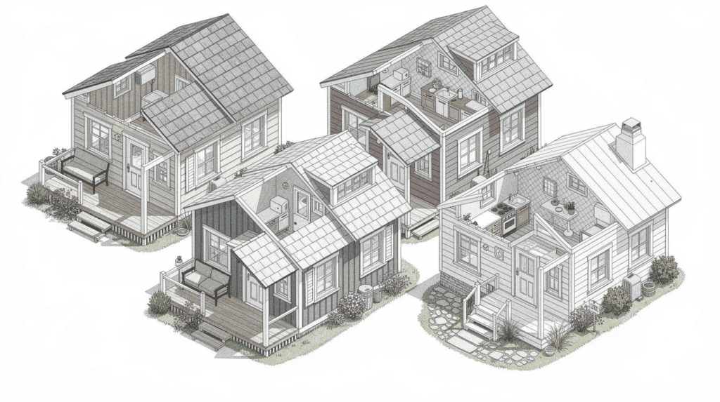 Small Homes USA Newsletter Housing Designs - Small Homes USA Newsletter The image showcases an architectural drawing of cottage-style little house plans, featuring a compact layout ideal for tiny homes. With high-detail textures and a top-down isometric perspective, the design emphasizes open floor plans and innovative storage solutions within a cozy living space of 600 to 1,000 square feet.