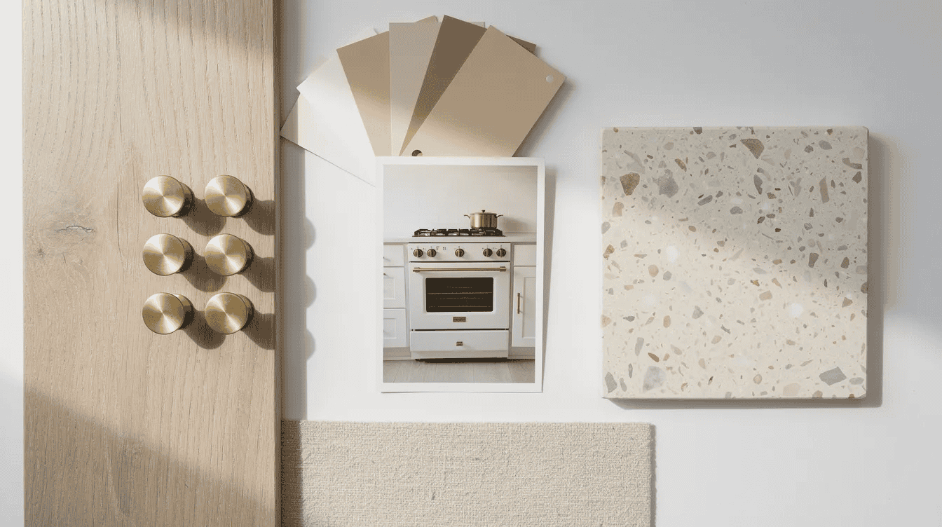 e17b9ba4-43c3-4d90-bf1f-dd4ee1ea0787 - Small Homes USA Newsletter A top-down view of a kitchen design mood board showcases pale oak flooring planks, brushed brass cabinet knobs, off-white paint chips, and a creamy terrazzo tile sample, alongside a linen fabric swatch and a small photo of a compact kitchen range. The arrangement, illuminated by natural side lighting, highlights the design elements and color palette for a modern kitchen renovation project.