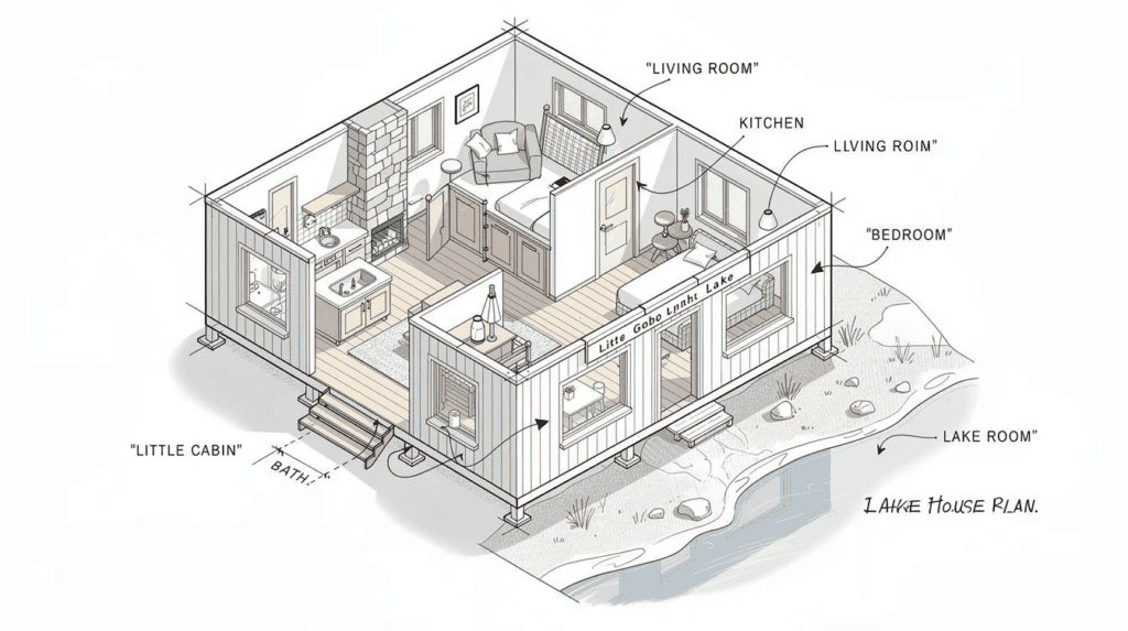 Small Lake House Floor Plan - Small Homes USA Newsletter The image depicts a top-down isometric view of a little cabin and lake house plan, showcasing a compact design that emphasizes minimalist living and innovative storage solutions. This layout features outdoor living spaces, a cozy sleeping area, and a stylish dining room, all within a small footprint ideal for budget-friendly starter homes.