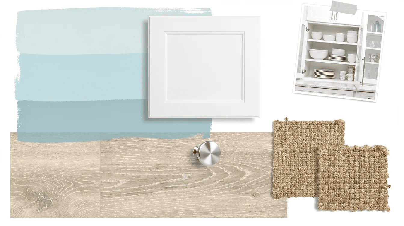 e277b2b6-5a18-4e80-9167-098e690487eb - Small Homes USA Newsletter A top-down view of a kitchen design mood board features a pastel sea-glass blue paint chip, a white shaker cabinet door, and a sandy beige LVT flooring sample, all arranged on a white background. The layout includes woven texture samples of jute and seagrass, a brushed nickel knob, and a printed photo of open shelves displaying stacked white dishes, creating a harmonious blend of colors and textures that inspire a fresh kitchen renovation.