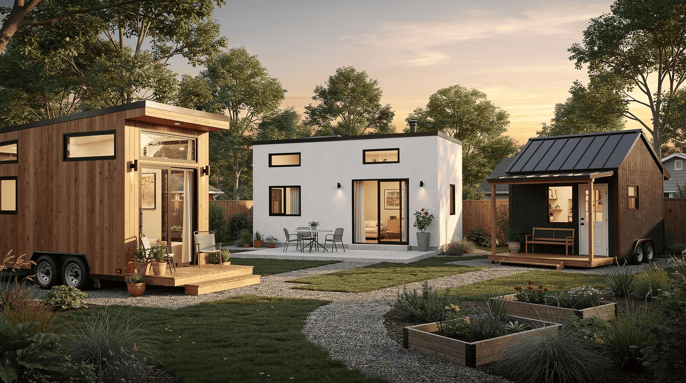 Modern Tiny Homes in a Garden Setting - Small Homes USA Newsletter The image showcases a variety of tiny houses, ADUs, and small prefab cabins, emphasizing their energy efficiency and affordability for homebuyers in Minnesota. Each structure features unique designs and floor plans, highlighting the benefits of modular homes that meet local building codes and offer a stress-free construction process.