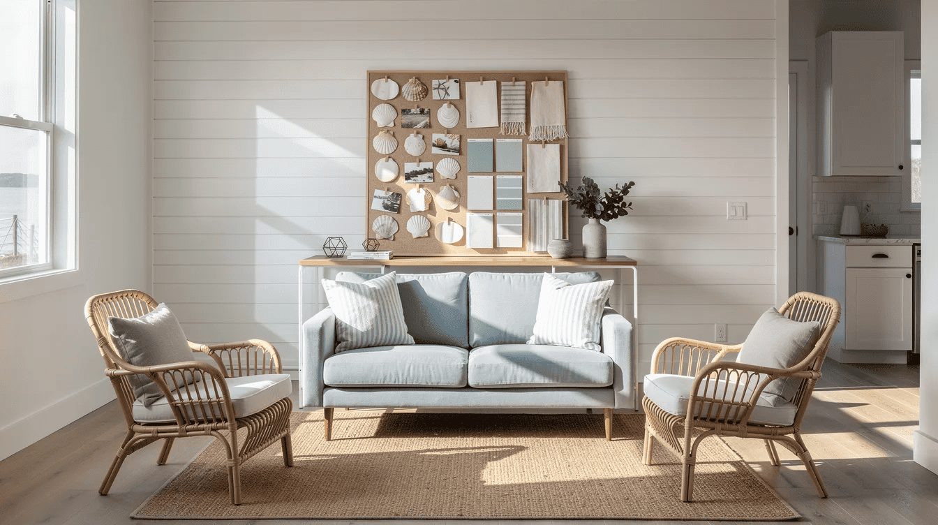 e41532c8-83dd-47d5-a70a-22969337bfd7 - Small Homes USA Newsletter The image showcases a small open-plan ADU interior featuring a white shiplap accent wall, a pale blue loveseat, and rattan chairs arranged on a sisal rug. A physical mood board, leaning on a console table, displays shell photos, fabric swatches, and paint samples, all illuminated by natural coastal light, creating a warm and inviting atmosphere perfect for interior design inspiration.