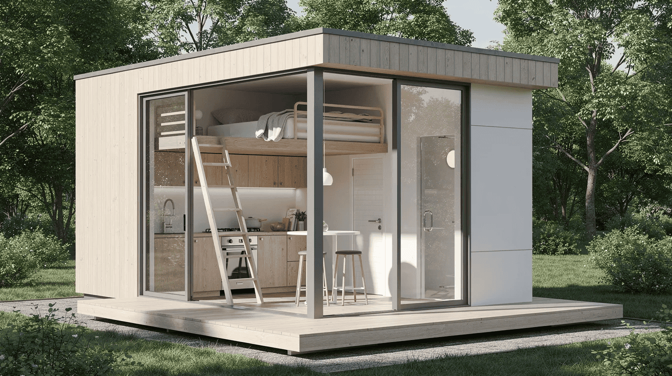Modern Tiny Home with Loft Design - Small Homes USA Newsletter The Echo is a stylish tiny house featuring 170 square feet of living space, designed with a queen loft, kitchenette, and wet bath. Large windows flood the interior with natural light, creating an airy atmosphere perfect for minimalist living.