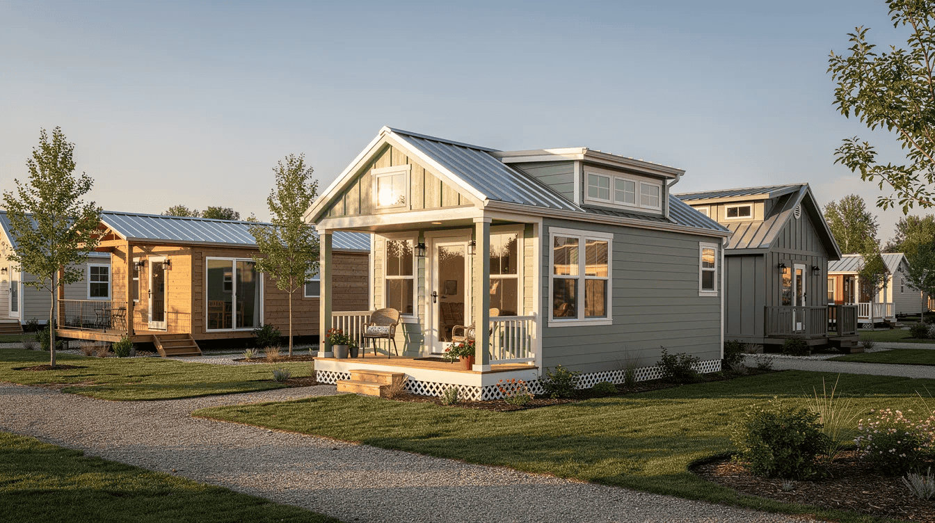 Smallest House for Sale Exterior View - Small Homes USA Newsletter The image showcases a variety of park model and "Tiny Park Cottage" homes, each ranging from 250 to 399 square feet, emphasizing the charm of tiny living. These tiny houses are designed for comfort and efficiency, perfect for those seeking an affordable dream home in a vibrant community.