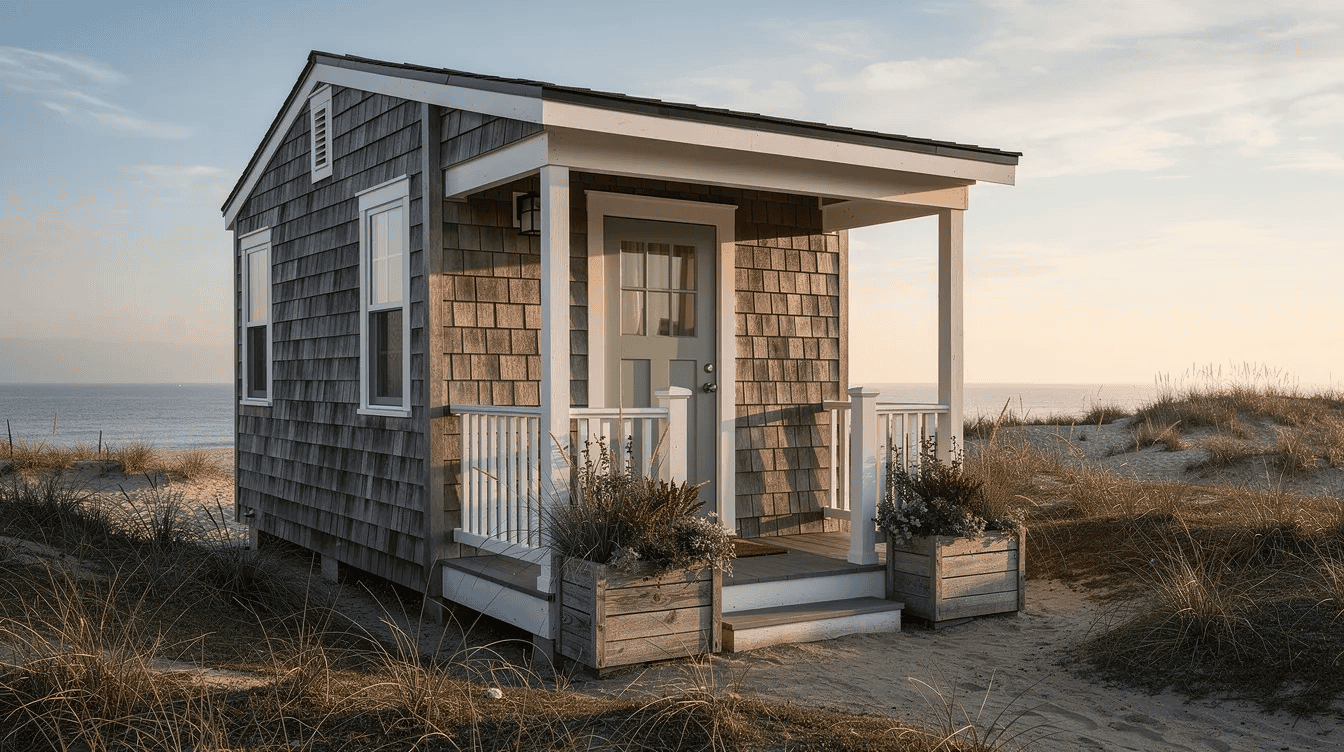 Cozy Beachfront Small Home in USA - Small Homes USA Newsletter A weathered-shingle seaside micro cottage features a small covered porch and is illuminated by morning light, with salt-weathered planters by the front door. The ocean can be seen in the background, highlighting this charming tiny house's connection to nature.