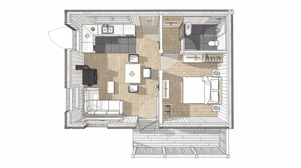 Small Home Interior Floor Plan - Small Homes USA Newsletter This architectural drawing showcases a small cabin or recreational retreat plan viewed from a top-down isometric perspective. The design features a spacious family room, front and back porches, and ample windows to invite natural light, making it an ideal small home for entertaining guests and enjoying outdoor space.