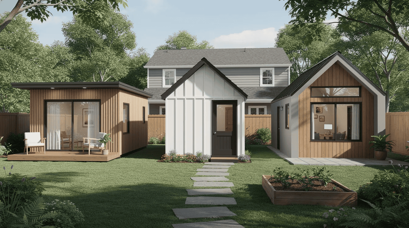 Modern Tiny Homes with Green Yard - Small Homes USA Newsletter The image features a collection of tiny houses and accessory dwelling units (ADUs) under 400 sq. ft., showcasing various designs and styles suitable for affordable living. These compact homes represent a new way of life, emphasizing comfort and functionality in a small space, perfect for those exploring tiny living options.