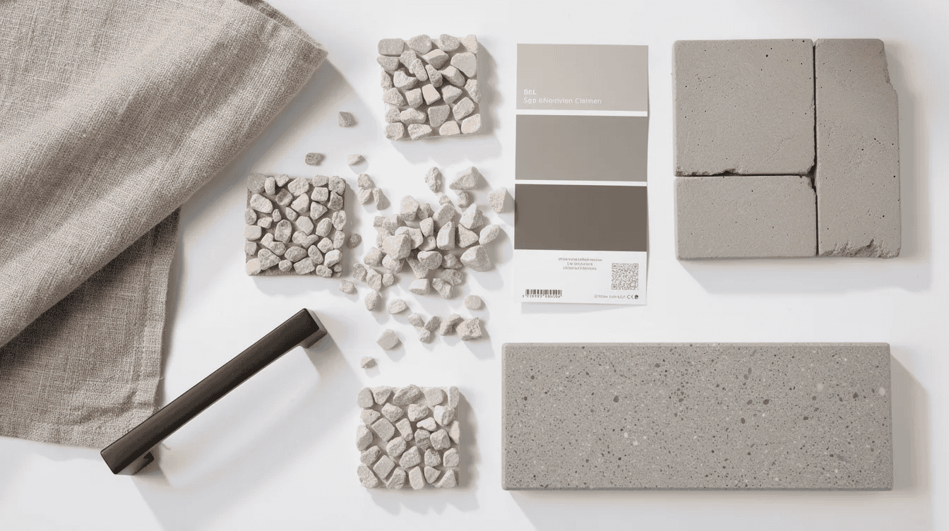 f48f276b-c412-4602-9105-a7fe2fc88763 - Small Homes USA Newsletter A top-down flat lay mood board showcases an array of design elements for a kitchen renovation, including tumbled stone chips, clay zellige tile samples, and a greige paint swatch, all arranged in a loose grid on a white background. The composition features a matte black cabinet pull, a flax linen draped over the corner, and a concrete-look countertop sample, providing a visual roadmap for the desired mood and overall design of the new kitchen.
