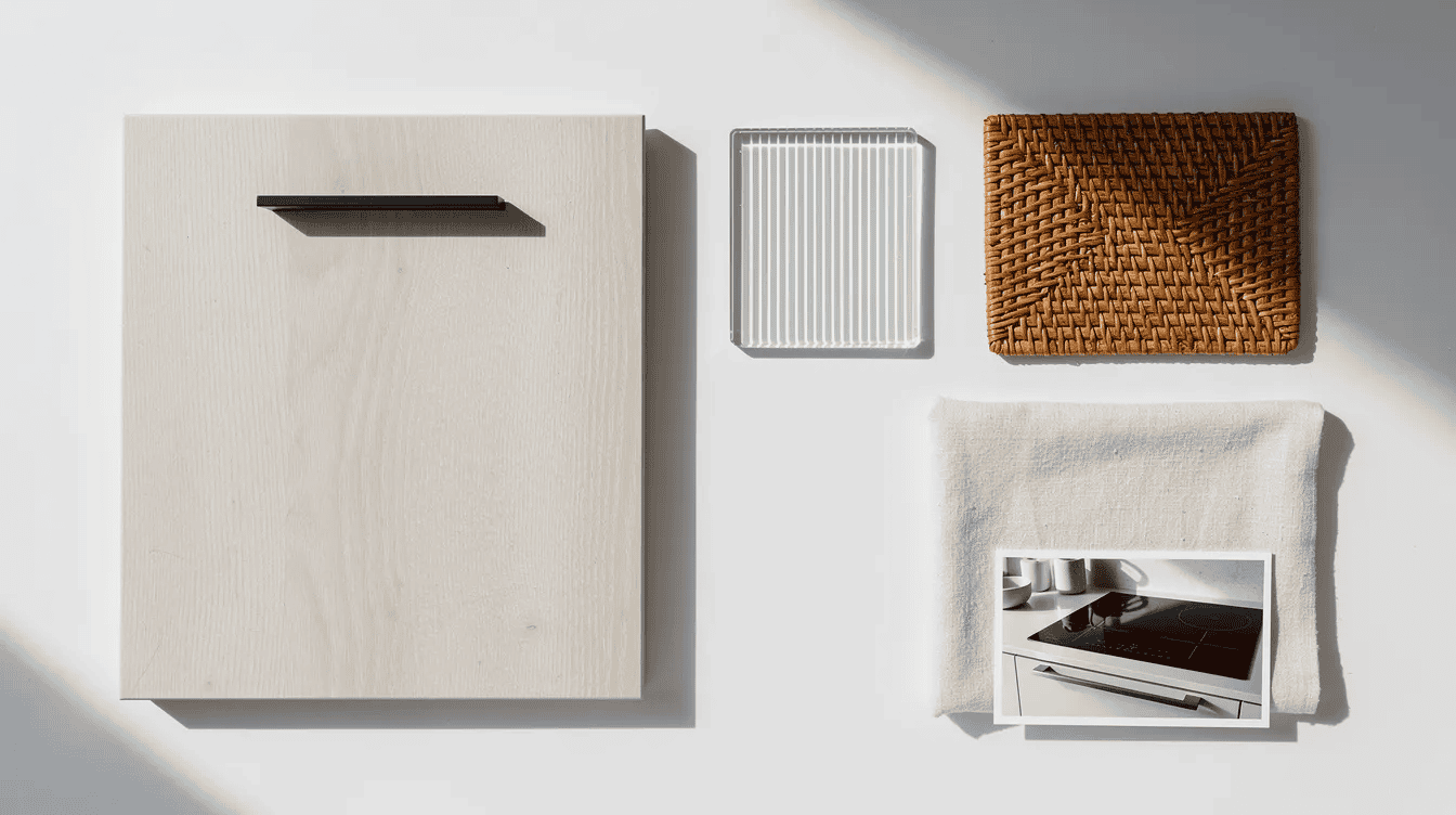 ff2ccdb0-6bff-445d-86ee-e86ad75581b7 - Small Homes USA Newsletter A top-down flat lay mood board showcases various kitchen design elements, including a pale ash flat-front cabinet sample, a slim black finger pull, and a ribbed glass piece, all arranged in an L-shape on a white surface. This composition, featuring cream linen fabric and a woven rattan swatch, reflects initial ideas for a kitchen renovation, highlighting a modern aesthetic with plenty of negative space and soft daylight shadows.