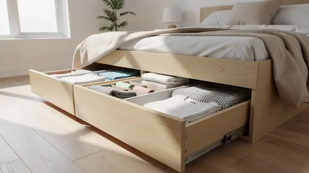 platform bed - Small Homes USA Newsletter A close-up view of a platform bed in a tiny home bedroom, featuring storage drawers that are pulled open to reveal neatly organized linens and clothing, showcasing the efficient use of space in this bright living area. This design highlights the clever storage solutions often found in tiny house plans, making the most of the available square footage.