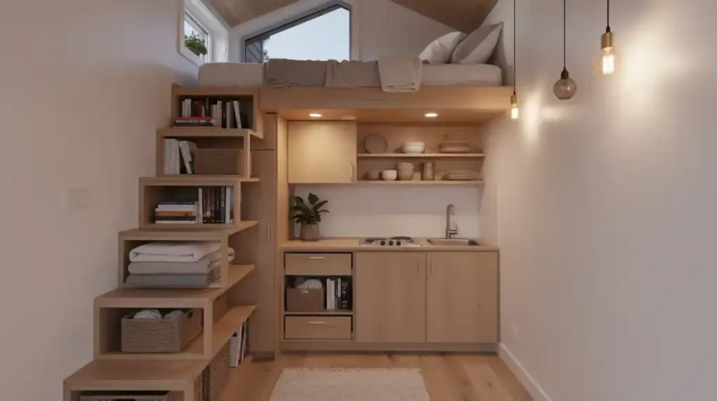wooden storage stairs - Small Homes USA Newsletter The image depicts the interior of a tiny home featuring wooden storage stairs that lead to a cozy sleeping loft, with a small kitchen visible below, illuminated by warm pendant lighting. This design exemplifies the tiny house movement, maximizing space while providing a comfortable and functional living area.